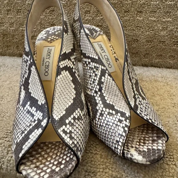 Jimmy Choo Women's Snakeskin Peep-Toe Heels - Black and White - Picture 5 of 6